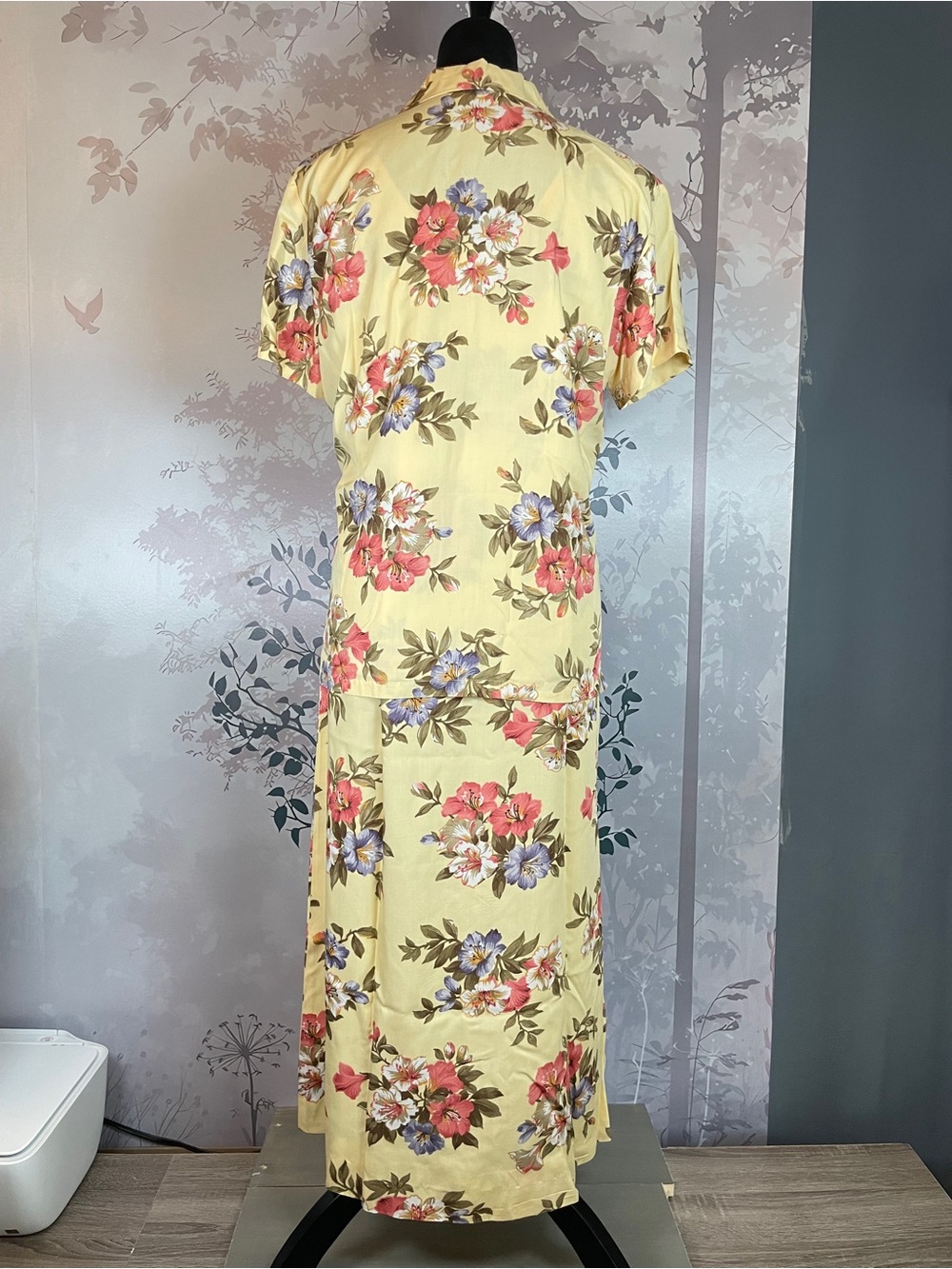Josephine Chaus 2pc Floral Maxi Dress Shirt Set Yellow M Petite 90s Vintage - Picture 4 of 11